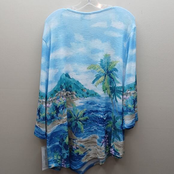 Alfred Dunner Waikiki Hawaii Tropical Scenic Knit Tunic Top Blue Size 2X NWT - Picture 2 of 7